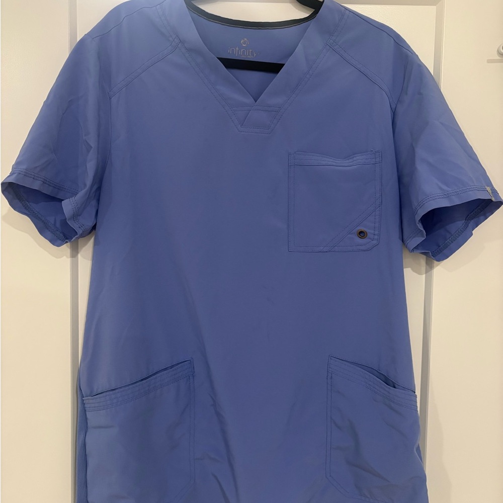Cherokee Infinity V- Neck Men's Scrub Top with Rib Knit Back Panels Ciel Blue